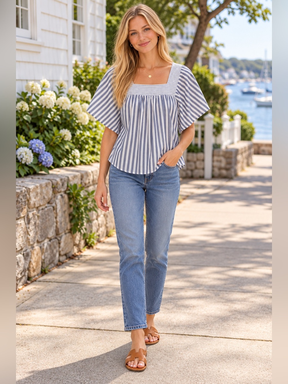 Madewell Blue White Stripe Square Neck Flutter Sleeve Top, Coastal, XS